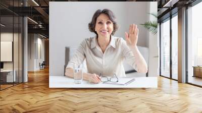 Head shot portrait caucasian aged businesswoman makes video call looks at camera and smiling, happy senior leader shows gesture of greeting employee at online meeting, hiring by video conference Wall mural