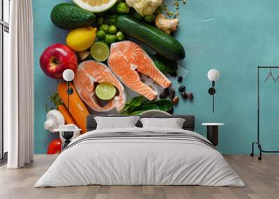 healthy food diet cereals seeds fish vegetables fruits stone background top view Wall mural