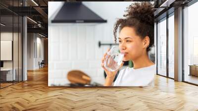 Healthy lifestyle concept. Beautiful young Afro American woman drinking clean water standing at home in the kitchen, copy space Wall mural