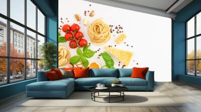 Iettuccine with ingredients for cooking Italian pasta on white background, top view Wall mural