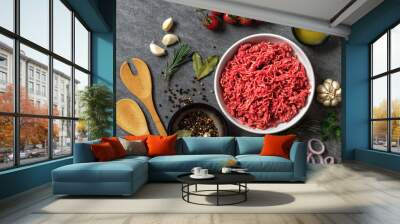 Plate of minced beef meat with vegetables and spices on dark background with copy space top view. Fresh raw ingredients for cooking healthy food. Preparation background Wall mural