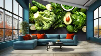 Raw healthy food clean eating vegetables green vegetables top view Wall mural