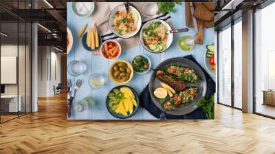 Set of healthy vegetarian food on a wooden table Wall mural