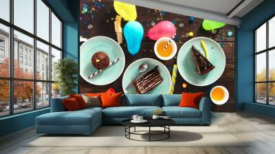 Top view children birthday table festive food chocolate cake decoration party Wall mural