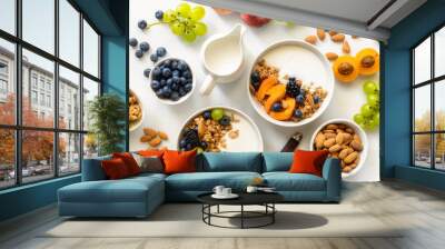 Two healthy breakfast bowl with ingredients granola fruits Greek yogurt and berries top view. Weight loss, healthy lifestyle and eating concept Wall mural