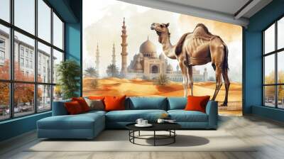 camels in the desert with mosque as background Wall mural