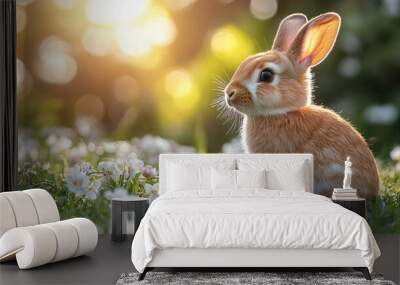 Cute baby rabbit posing in a field of flowers Wall mural