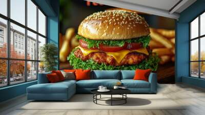 Delicious chicken burger sitting on a sesame seed bun Wall mural