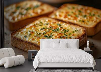 Toasted bread slices covered with melted cheese and herbs Wall mural