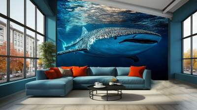 Whale shark swimming in the sunrays of the deep blue ocean Wall mural