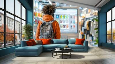 Young man browsing online catalog on interactive display in clothing store Wall mural