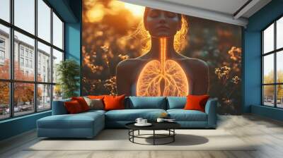 Young woman practicing yoga at sunset showing healthy lungs Wall mural