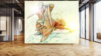 Kung Fu (in the morning), Chinese martial art. (Hand drawing.) Wall mural