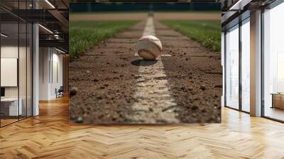 A baseball sits on the white chalk line of a baseball field, the dirt infield leading up to the mound in the distance. Wall mural