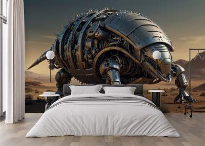 A futuristic, armored, robotic creature stands on a barren desert landscape. Wall mural