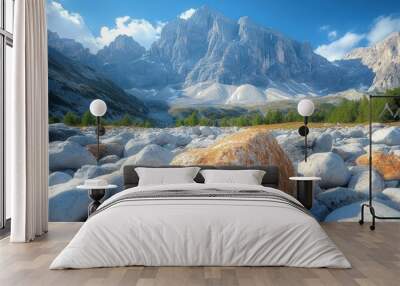 A large, rounded, orange rock rests on a bed of white, smooth stones in the foreground. The background features a towering, snow-capped mountain range and a bright blue sky with white clouds. Wall mural