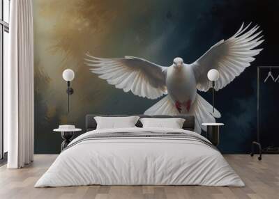 A white dove in flight against a dramatic sky with light shining through clouds. Wall mural