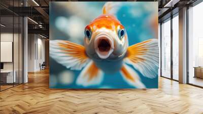 Close-up of a goldfish with its mouth open, swimming in an aquarium, vibrant orange and white colors Wall mural