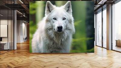 close up photo white wolf with forest background Wall mural