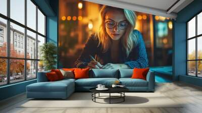 Focused woman analyzing graphs with pencil at night in modern office Wall mural