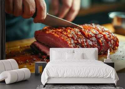 Person expertly slicing smoked brisket on wooden board for a meal preparation Wall mural