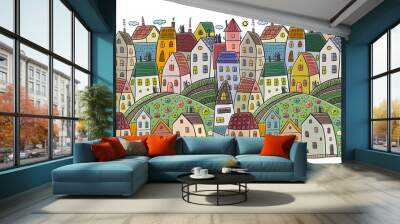 Childish town street landscape with houses on road. Cute city in scandinavian style. Cartoon village buildings, seamless pattern background. Illustration of town childish street with buildings Wall mural