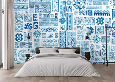 Ethnic blue handmade ornament, seamless pattern Wall mural