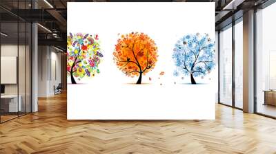 Four season trees- spring, summer, autumn, winter. Seamless Pattern for your design Wall mural