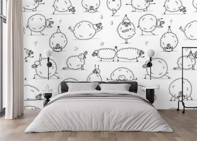 Funny sheep doing yoga, seamless pattern for your design Wall mural