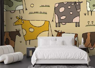 Stylish Ethnic Cows family on meadow. Seamless pattern background. Vector Illustration Wall mural