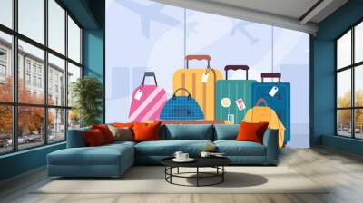 Baggage suitcases and bags in airport terminal flat vector illustration. Wall mural