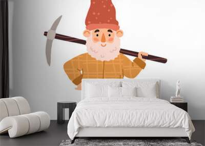 Cartoon garden gnome with pick and beard in hat and boots - flat vector illustration isolated on white background. Wall mural