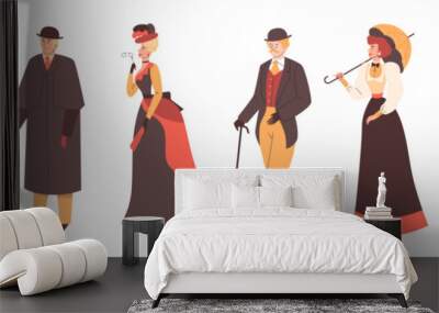 Cartoon vector set of 19th people characters in classic Victorian style costume, European gentlemen, aristocrats, ladies Wall mural