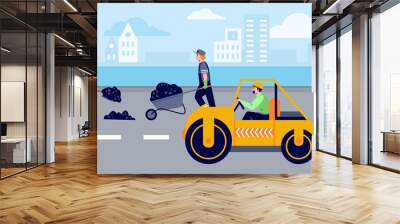 City scenery with road workers paving asphalt highway flat vector illustration. Wall mural