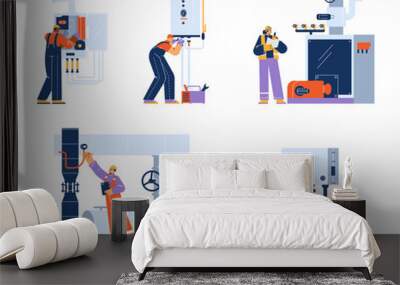 Engineers and technicians check, control, repair and fix boiler and heating system. Wall mural