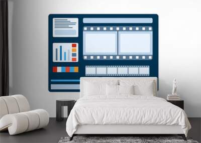 Filmmaking and video cinema production. Computer for footage editing, the screen with storyboard of the film. Flat vector illustration isolated on a white background. Wall mural