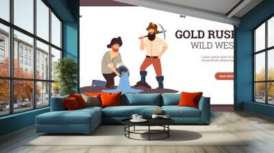 Gold rush website banner with gold diggers and miners, flat vector illustration. Wall mural