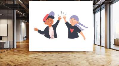 Happy boy and girl greeting each other with high five, flat vector isolated. Wall mural