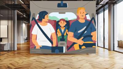 Happy family of parents and son sitting inside car, flat vector illustration. Wall mural