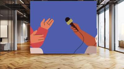 Journalist interviewing famous person, flat vector illustration isolated on blue background. Wall mural