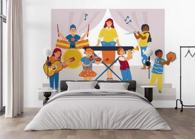 Kid music band show on kindergarten stage. White and black boys and girls practice music with adult teacher, vector. Wall mural