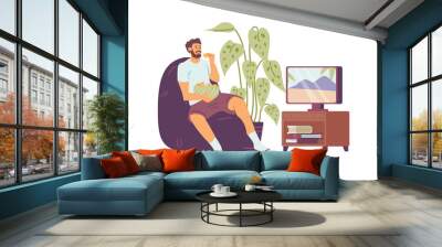 Man resting behind TV at home, flat vector illustration isolated on white. Wall mural