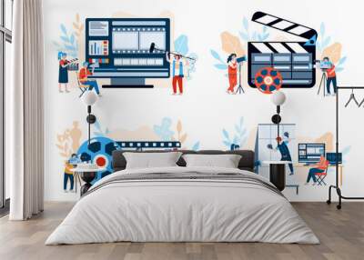 Movie production banners set with tiny people characters among cameras and film shooting equipment, flat cartoon vector illustration isolated on white background. Wall mural