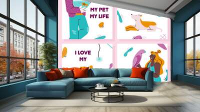 Pet and owner love card set - cat, dog and cartoon people holding parrot and fish Wall mural