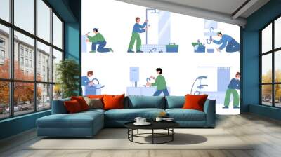 Plumbing set with various male characters plumbers repairing problems Wall mural