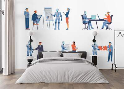 Robot works in the office together with people, flat vector illustration isolated on white background. Wall mural