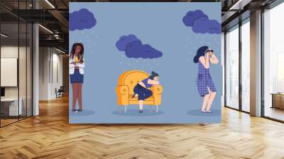 Sad and depressed women cartoon characters set, flat vector illustration isolated on blue background. Unhappy woman feeling depression and stress under stormy clouds. Wall mural