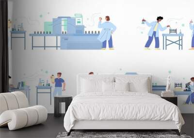 Set of scientists, lab assistants producing coronavirus vaccine in flat vector Wall mural