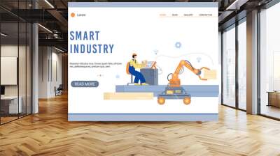 Smart industry website with worker controls equipment, flat vector illustration. Wall mural