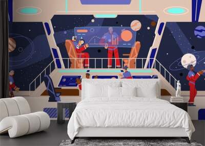 Space interior with team of astronauts on board in flat vector illustration Wall mural